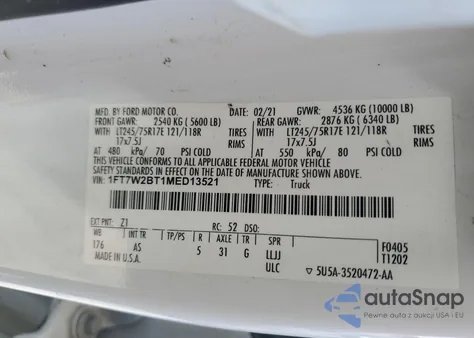 2021 Ford F250 Super Duty z USA, uszkodzony, nr VIN 1FT7W2BT1MED13521